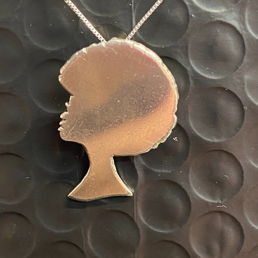 SILVER 925 BLACK GIRLS/WOMAN HEAD 1" CHARM & NECKLACE 16"" SET 925 HOMEMADE J-08